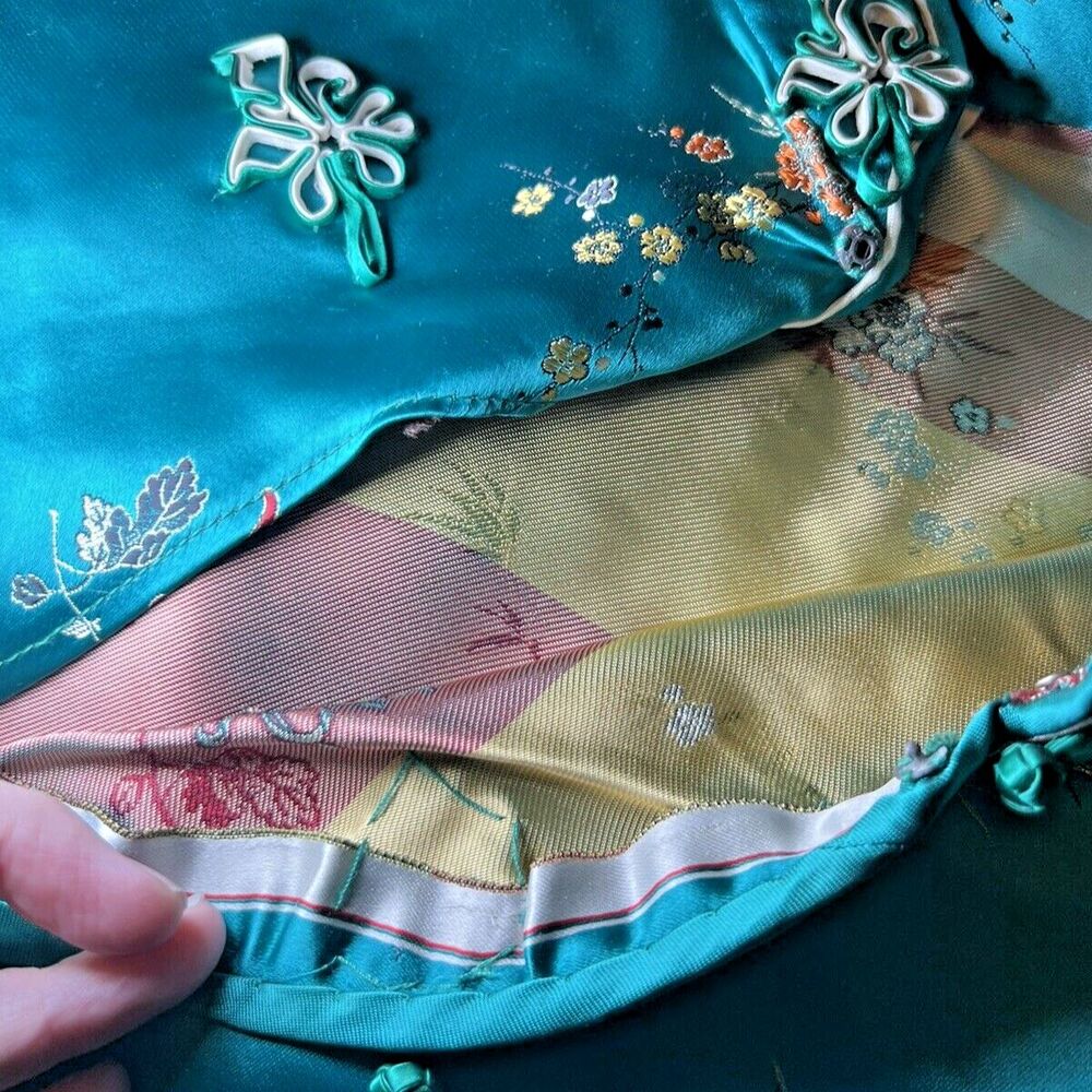 Silk Embroidered Mandarin Collar Top - Teal Green - Picture 9 of 16